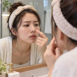 在浴室鏡子前看著鼻頭粉刺的女生