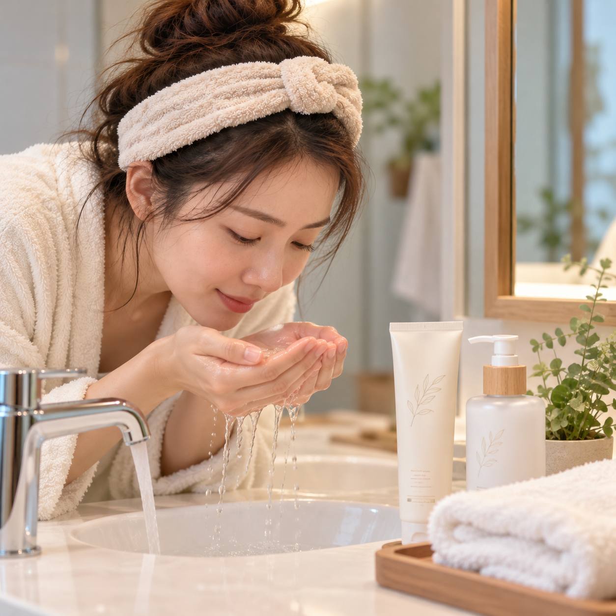 用溫水洗臉,旁邊放著溫和洗面乳和保濕乳液